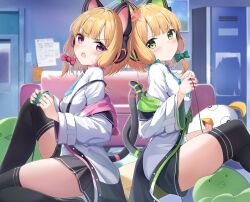 Rule 34 | 2girls, absurdres, animal ear headphones, animal ears, aqua bow, black thighhighs, blonde hair, blue archive, blue necktie, bow, cat ear headphones, closed mouth, collared shirt, controller, fake animal ears, game controller, green eyes, hair bow, halo, headphones, highres, holding, holding controller, holding game controller, jacket, jacket partially removed, long sleeves, midori (blue archive), momoi (blue archive), multiple girls, necktie, off shoulder, open mouth, pink eyes, red bow, shirokuma (zeroillya), shirt, siblings, sisters, sitting, sweat, thighhighs, thighs, twins, white shirt, wide sleeves