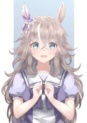 Rule 34 | 1girl, absurdres, animal ears, blue eyes, blush, clenched hands, commentary request, grey hair, hair ornament, highres, horse ears, horse girl, long hair, looking at viewer, ribbon, school uniform, simple background, solo, thick eyebrows, tracen school uniform, uji (966qrr), umamusume, wonder acute (umamusume)