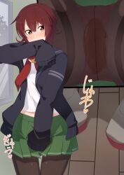 Rule 34 | 1girl, arm up, between legs, black cardigan, black pantyhose, blush, bright pupils, brown hair, cardigan, close-up, covering own mouth, cowboy shot, crescent, female focus, flat chest, green skirt, hand between legs, heart, indoors, japanese text, kantai collection, long sleeves, looking at viewer, midriff peek, minamimachi naname, miniskirt, multiple views, mutsuki (kancolle), neckerchief, nose blush, open cardigan, open clothes, orange eyes, panties, panties under pantyhose, pantyhose, peeing, peeing self, pink panties, pleated skirt, raised eyebrows, red neckerchief, school uniform, shirt, shoes, short hair, sidelocks, skirt, sleeves past fingers, sleeves past wrists, standing, thighband pantyhose, translation request, underwear, wet, wet clothes, wet panties, white footwear, white pupils, white shirt, window, wooden floor