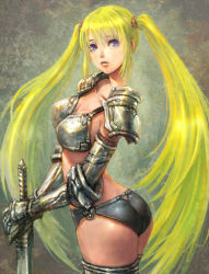 Rule 34 | 1girl, armor, ass, bikini armor, blonde hair, docoi, from side, gauntlets, lips, long hair, looking at viewer, original, purple eyes, solo, standing, sword, twintails, very long hair, weapon