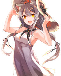 Rule 34 | 1girl, :d, absurdres, ahoge, animal ear fluff, animal ears, armpits, arms up, bare arms, bare shoulders, bow, breasts, cat ears, cowboy shot, dress, extra ears, hair ribbon, hands on headwear, hands up, hat, highres, long hair, looking at viewer, low twintails, medium breasts, open mouth, original, pointy ears, ribbon, sideboob, sidelocks, silver hair, simple background, sleeveless, sleeveless dress, smile, solo, sun hat, tori (10ri), twintails, white background, white dress, yellow eyes