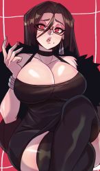 Rule 34 | 1girl, black dress, black hair, black thighhighs, breasts, choker, cleavage, commission, crossed legs, dress, formal, fur collar, glasses, hair between eyes, large breasts, long hair, mole, mole under mouth, original, red background, red eyes, sitting, thighhighs, thighs, yoshiikirablr