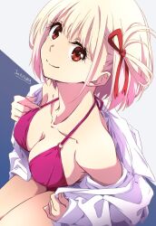 Rule 34 | 1girl, bikini, blonde hair, breasts, cleavage, closed mouth, collarbone, dated, hair ribbon, highres, large breasts, lycoris recoil, nii manabu, nishikigi chisato, off shoulder, one side up, open clothes, open shirt, purple bikini, red eyes, red ribbon, ribbon, short hair, signature, sitting, smile, solo, swimsuit, thighs, undressing