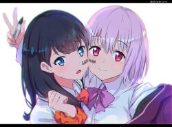 Rule 34 | 2girls, black hair, blue eyes, bow, bowtie, breasts, closed mouth, gridman universe, highres, large breasts, long hair, long sleeves, looking at viewer, medium breasts, multiple girls, open mouth, scrunchie, shiitake urimo, shinjou akane, shirt, simple background, smile, ssss.gridman, takarada rikka, v, white background, white shirt, wrist scrunchie