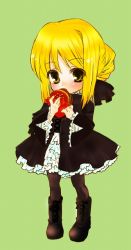 Rule 34 | 00s, 1girl, artoria pendragon (all), artoria pendragon (fate), black pantyhose, blonde hair, blush, boots, burger, chibi, dress, eating, fate/stay night, fate (series), flat chest, food, frills, full body, gothic lolita, hair bun, hair ribbon, lolita fashion, looking at viewer, mame., official alternate costume, pantyhose, ribbon, saber (fate), saber alter, short dress, short hair, simple background, single hair bun, solo, standing, wide sleeves, yellow eyes
