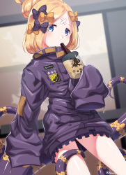 Rule 34 | 1girl, abigail williams (fate), abigail williams (traveling outfit) (fate), black bow, black jacket, blonde hair, blue eyes, blurry, blurry background, blush, bow, bubble tea, commentary request, crossed bandaids, cup, depth of field, disposable cup, drinking, drinking straw, fate/grand order, fate (series), hair bow, hair bun, heroic spirit traveling outfit, highres, holding, holding cup, jacket, key, long hair, long sleeves, looking at viewer, multiple hair bows, official alternate costume, orange bow, parted bangs, polka dot, polka dot bow, ryofuhiko, single hair bun, sleeves past fingers, sleeves past wrists, solo, star (symbol), tentacles, twitter username