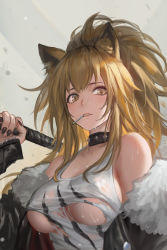 Rule 34 | 1girl, animal ears, arknights, bare shoulders, black nails, blonde hair, blush, breasts, choker, commentary, covered erect nipples, fingernails, fur trim, hair between eyes, high ponytail, highres, holding, jiam009, large breasts, lion ears, long fingernails, long hair, looking at viewer, mouth hold, nail polish, off shoulder, sidelocks, siege (arknights), simple background, solo, tank top, torn clothes, underboob, upper body, wet, yellow eyes