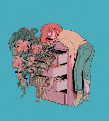 Rule 34 | 03moonmoonmoon, 1girl, absurdres, blue background, chest of drawers, green pants, grey eyes, highres, leaf, long sleeves, medium hair, original, pants, parted lips, plant, red hair, shirt, simple background, socks, solo, yellow shirt