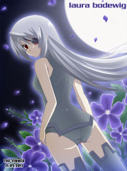 Rule 34 | &gt;:/, 10s, 1girl, 2011, :/, artist name, ass, back, breasts, character name, dated, eyepatch, flower, infinite stratos, laura bodewig, leotard, long hair, looking at viewer, looking back, petals, pilot suit, red eyes, school swimsuit, silver hair, solo, swimsuit, the-sinner, thighhighs, v-shaped eyebrows