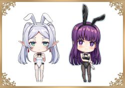 Rule 34 | 2girls, absurdres, alternate costume, black bow, black bowtie, black leotard, black pantyhose, blunt bangs, blush, bow, bowtie, breasts, bright pupils, chibi, cleavage, commentary request, dangle earrings, detached collar, earrings, fern (sousou no frieren), fishnet pantyhose, fishnet thighhighs, fishnets, frieren, green eyes, highleg, highleg leotard, highres, jewelry, large breasts, leotard, long hair, looking at viewer, multiple girls, nonoa-cg, pantyhose, playboy bunny, pointy ears, purple eyes, purple hair, purple pupils, sousou no frieren, thighhighs, twintails, white background, white hair, white leotard, white thighhighs