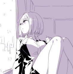 Rule 34 | 1girl, bare legs, breasts, collared shirt, commentary request, feet out of frame, gridman universe, indoors, jacket, juice box, large breasts, legs, limited palette, looking away, looking to the side, parted lips, shinjou akane, shirt, short hair, sitting, solo, ssss.gridman, usamin (megumikira), window