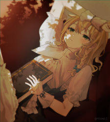 Rule 34 | 1girl, apron, black vest, blonde hair, blue bow, blush, book, bow, braid, collar, commentary request, couch, dappled sunlight, green eyes, hair between eyes, hair bow, hand on forehead, hand up, highres, holding, holding book, kirisame marisa, looking up, lying, medium hair, mendako (mendaco e), no headwear, on back, on couch, parted lips, puffy short sleeves, puffy sleeves, shirt, short sleeves, single braid, solo, sunlight, touhou, twitter username, upper body, vest, waist apron, white apron, white collar, white shirt, wrist cuffs