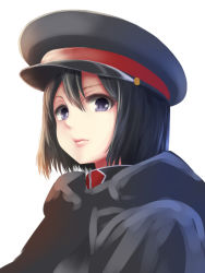 Rule 34 | 1girl, a9b (louis814), black hair, black hat, character request, closed mouth, commentary request, copyright request, expressionless, eyelashes, hair between eyes, hat, lips, looking at viewer, military hat, parted bangs, short hair, simple background, solo, upper body, white background