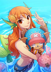 Rule 34 | 1boy, 1girl, animal ears, artist name, belt, bracelet, breast covered, breasts, brown eyes, closed eyes, cosplay, cotton candy, crossover, earrings, fins, fish ears, fish tail, gloves, hat, horns, jewelry, large breasts, league of legends, looking at viewer, mermaid, monster girl, nami (league of legends), nami (one piece), ocean, one piece, orange hair, pants, scales, signature, smile, tail, teemo, tony tony chopper, vmatbox, water