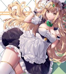 Rule 34 | 1girl, alternate costume, animal ears, blonde hair, blush, breasts, cat ears, cleavage, cleavage cutout, clothing cutout, detached collar, dress, enmaided, eol 9, hair ornament, headpiece, highres, large breasts, long hair, maid, maid headdress, mythra (xenoblade), nervous, nintendo, open mouth, ribbon, solo, swept bangs, thighhighs, very long hair, xenoblade chronicles (series), xenoblade chronicles 2, yellow eyes