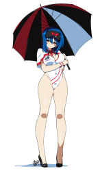 Rule 34 | 1girl, alternate costume, blue hair, blush, breasts, capelet, cleavage, clothes writing, covered navel, female focus, full body, high heels, highleg, highleg leotard, highleg swimsuit, hip focus, holding, hyouju issei, large breasts, legs, leotard, long legs, looking at viewer, nagae iku, one-piece swimsuit, race queen, red eyes, shade, shoes, short hair, simple background, smile, solo, standing, swimsuit, touhou, umbrella, visor cap, white background, wide hips