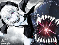 Rule 34 | 10s, 1girl, abyssal ship, breasts, gin&#039;ichi (akacia), glowing, glowing eyes, hood, hooded jacket, jacket, kantai collection, looking at viewer, o-ring, o-ring top, purple eyes, re-class battleship, scarf, smile, solo, teeth, white hair