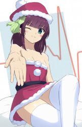 Rule 34 | 1girl, ;), alternate costume, angel beats!, bare shoulders, blunt bangs, blush, bow, breasts, cleavage, closed mouth, commentary, crossed legs, dress, fur-trimmed dress, fur trim, green bow, green eyes, hair bow, hat, highres, lelie (lelie link), looking at viewer, medium breasts, medium hair, nakamura yuri, one eye closed, pom pom (clothes), purple hair, reaching, reaching towards viewer, santa dress, santa hat, short dress, simple background, sitting, sketch, smile, solo, strapless, strapless dress, thighhighs, white background, white thighhighs, zettai ryouiki