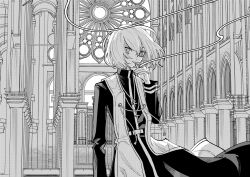 Rule 34 | 1boy, church, cigarette, closed mouth, commentary request, commission, cross, cross necklace, greyscale, hair between eyes, highres, holding, holding cigarette, indie virtual youtuber, indoors, inochi memo (oosawagidays), jewelry, long sleeves, looking at viewer, male focus, monochrome, necklace, priest, robe, schwarzwerder kirschtorte, second-party source, short hair, skeb commission, smoke, smoking, solo, standing, virtual youtuber, wind, window