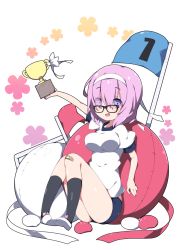 Rule 34 | 1girl, :d, alternate costume, arm up, black-framed eyewear, black socks, blue buruma, blush, breasts, buruma, commentary request, eyes visible through hair, fate/grand order, fate (series), flag, glasses, gym shirt, gym uniform, hair over one eye, hairband, kneehighs, large breasts, mash kyrielight, milkpanda, open mouth, outstretched arm, puffy short sleeves, puffy sleeves, purple eyes, purple hair, shirt, shoes, short sleeves, sidelocks, sitting, smile, socks, solo, thighs, trophy, white background, white footwear, white hairband, white shirt