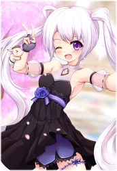 Rule 34 | &gt;o&lt;, 1girl, aisha landar, armpits, bare shoulders, blush, breasts, c-rabbit, cherry blossoms, collarbone, elsword, flower, long hair, looking at viewer, medium breasts, nail polish, one eye closed, open mouth, petals, phoru (elsword), purple eyes, rose, smile, solo, twintails, white hair