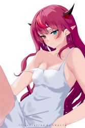 Rule 34 | absurdres, bare shoulders, blue eyes, blush, breasts, camisole, collarbone, earrings, highres, hololive, hololive english, horns, irys (hololive), jewelry, long hair, medium breasts, neru (vhyrie), pointy ears, purple eyes, purple hair, red hair, simple background, single off shoulder, upper body, virtual youtuber, white background, white camisole