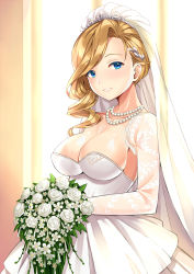 Rule 34 | 1girl, absurdres, azur lane, backlighting, bare shoulders, bead necklace, beads, blonde hair, blue eyes, blush, bouquet, breasts, bridal veil, collarbone, cowboy shot, curly hair, dress, flower, highres, holding, holding bouquet, hood (azur lane), hood (rosey love poem) (azur lane), indoors, jewelry, large breasts, long hair, looking at viewer, necklace, parted lips, ringlets, shitou (1992116210), smile, solo, teeth, veil, wedding dress, white flower, window