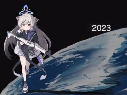 Rule 34 | 1girl, 2023, :o, animal ears, assault rifle, bag, black dress, black hair, black jacket, black socks, blue archive, blue halo, clich51368861, commentary, diamond cutout, dot nose, dress, earth (planet), grey hair, gun, gundam, gundam 0083, halo, highres, holding, holding gun, holding weapon, jacket, kokona (blue archive), long hair, long sleeves, looking at viewer, multicolored hair, off shoulder, open clothes, open jacket, open mouth, orange eyes, parody, planet, qbz-03, rifle, running, shadow, shoes, shoulder bag, sidelocks, skirt, sneakers, socks, solo, streaked hair, striped clothes, striped dress, striped jacket, tiger ears, tiger girl, vertical-striped clothes, vertical-striped dress, vertical-striped jacket, very long hair, weapon, white footwear, white skirt