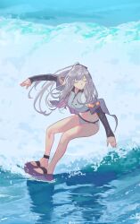 Rule 34 | 1girl, absurdres, ak-12 (age of slushies) (girls&#039; frontline), ak-12 (girls&#039; frontline), bikini, closed eyes, closed mouth, full body, girls&#039; frontline, grey hair, grey jacket, highres, izaru 31, jacket, long hair, no shoes, official alternate costume, open clothes, open jacket, smile, solo, surfboard, surfing, swimsuit, water