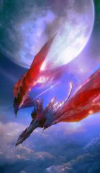 Rule 34 | above clouds, absurdres, animal focus, cloud, dragon, fire, flying, highres, monster hunter (series), monster hunter rise, moon, night, night sky, no humans, norino (106592473), outdoors, scenery, sky, valstrax, wings
