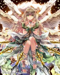 Rule 34 | 1girl, angel wings, beads, copyright name, dress, feet, flower, green dress, green eyes, head wreath, ice (ice aptx), knife, light brown hair, long hair, looking at viewer, no shoes, own hands clasped, own hands together, solo, tenkuu no crystalia, throwing knife, toeless legwear, toes, weapon, wings