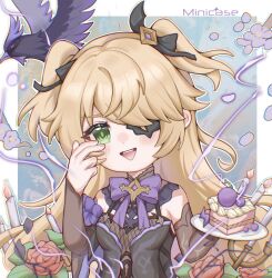 Rule 34 | 1girl, bare shoulders, bird, birthday cake, black ribbon, blonde hair, blush, bow, bowtie, breasts, cake, candle, collar, crow, eyepatch, fischl (genshin impact), flower, food, genshin impact, gloves, green eyes, hair over one eye, hair ribbon, happy birthday, highres, leotard, long hair, looking at viewer, medium breasts, minicase cn en, open mouth, oz (genshin impact), purple bow, purple bowtie, ribbon, rose, single sleeve, smile, solo, thighhighs, two side up