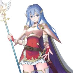 Rule 34 | 1girl, :d, armor, belt, blue eyes, blue hair, breastplate, caeda (fire emblem), cape, covered navel, dress, fingerless gloves, fire emblem, fire emblem: mystery of the emblem, fire emblem: shadow dragon and the blade of light, fire emblem heroes, fur trim, gloves, hair between eyes, hair ornament, highres, hisuiflask, holding, holding polearm, holding weapon, long hair, looking at viewer, navel, nintendo, official alternate costume, open mouth, polearm, red dress, red gloves, sheath, sheathed, shoulder armor, skirt, smile, solo, sword, teeth, upper teeth only, weapon, white background, white skirt