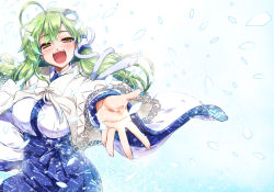 Rule 34 | 1girl, ahoge, blue background, blue skirt, blush, breasts, capelet, commentary request, cowboy shot, fingernails, foreshortening, frog hair ornament, gradient background, green hair, hair between eyes, hair ornament, hair tubes, half-closed eyes, head tilt, high-waist skirt, kochiya sanae, large breasts, long hair, long sleeves, looking at viewer, open mouth, petals, shirt, skirt, smile, snake hair ornament, solo, takana shinno, touhou, white capelet, white shirt, wide sleeves, yellow eyes