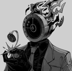 Rule 34 | 1other, clock, coat, coin, coin flip, collared shirt, dante (limbus company), fire, greyscale, hand up, highres, limbus company, long sleeves, maskv, monochrome, necktie, object head, project moon, shirt, simple background, solo, wing collar