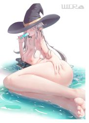 Rule 34 | 1girl, breasts, food, hat, highres, ice cream, large breasts, licking, lying, nipples, nude, on side, original, partially submerged, sexually suggestive, solo, thigh grab, wangchaoran1, water, wet, white hair, witch hat