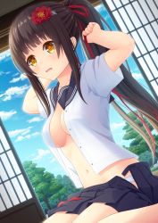 Rule 34 | 1girl, arms up, black hair, black skirt, blouse, blue sky, blunt bangs, blush, breasts, cleavage, cloud, commentary request, day, dutch angle, flower, from side, hair flower, hair ornament, hair ribbon, hairdressing, highres, indoors, iwamoto sora, long hair, looking away, medium breasts, miniskirt, moe2019, navel, no bra, open clothes, open fly, open mouth, open shirt, open skirt, original, panties, panty peek, pleated skirt, red flower, red ribbon, revision, ribbon, school uniform, see-through silhouette, serafuku, shirt, short sleeves, sidelocks, skirt, sky, sliding doors, solo, stomach, tree, tying hair, unbuttoned, unbuttoned shirt, underwear, very long hair, white panties, white shirt, yellow eyes
