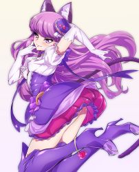 Rule 34 | 10s, 1girl, animal ears, anklet, ass, blush, boots, cat ears, cat tail, cure macaron, dress, earrings, elbow gloves, covered erect nipples, closed eyes, gloves, hat, high heels, highres, jewelry, kirakira precure a la mode, kotozume yukari, long hair, looking at viewer, niko (tama), precure, purple eyes, purple hair, simple background, smile, solo, tail, thigh boots, thighhighs, white background, white gloves