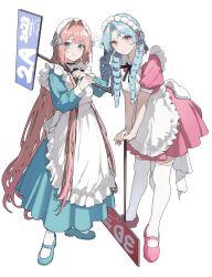 Rule 34 | 2girls, ahute, alternate costume, apron, black ribbon, blue dress, blue eyes, blue footwear, blue hair, braid, closed mouth, dress, enmaided, frilled apron, frills, hair intakes, highres, holding, holding sign, light blue hair, long hair, looking at viewer, maid, maid apron, maid headdress, multiple girls, orange hair, original, pink dress, pink eyes, pink footwear, puffy short sleeves, puffy sleeves, ribbon, ringlets, short sleeves, sign, smile, standing, teeth, thighhighs, twin braids, very long hair, waist apron, white apron