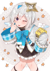 Rule 34 | 1girl, ;p, absurdres, akanbe, amane kanata, amane kanata (1st costume), angel wings, armband, black skirt, blue bow, blush, bob cut, bow, bowtie, colored inner hair, commentary request, cowboy shot, eyelid pull, frilled skirt, frilled sleeves, frills, hair between eyes, hair ornament, halo, hand on own hip, highres, hololive, knees together feet apart, leaning forward, leg strap, long sleeves, looking at viewer, mini wings, multicolored hair, one eye closed, patterned background, purple eyes, ribbon, sailor collar, school uniform, serafuku, short hair, sidelocks, silver hair, single hair intake, skirt, smile, solo, star (symbol), star halo, tonarikeru, tongue, tongue out, virtual youtuber, white background, white sailor collar, wide sleeves, wings