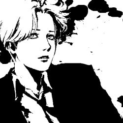 Rule 34 | 1boy, as (ashes), collared shirt, greyscale, johan liebert, long sleeves, looking at viewer, lowres, male focus, monochrome, monster (manga), shirt, simple background, solo, upper body, white background