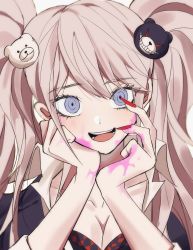 Rule 34 | 1girl, :d, bear hair ornament, black bra, black shirt, blood, bra, breasts, cleavage, collarbone, danganronpa: trigger happy havoc, danganronpa (series), enoshima junko, hair ornament, hands on own face, highres, large breasts, madggobul, nail polish, open mouth, pink blood, red bra, red nails, shirt, smile, solo, teeth, tongue, twintails, underwear