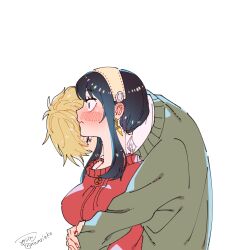 Rule 34 | 1boy, 1girl, artist name, awarinko, bare shoulders, black eyes, black hair, blonde hair, blue eyes, blush, breasts, buttons, closed mouth, collared shirt, commentary request, covered mouth, dress, earrings, fingernails, gold earrings, green sweater, hair between eyes, hairband, hetero, highres, hug, hug from behind, jewelry, large breasts, long sleeves, looking at another, looking down, looking to the side, off-shoulder sweater, off shoulder, orange hairband, puffy long sleeves, puffy sleeves, red sweater, shirt, short hair, short hair with long locks, sidelocks, signature, simple background, spy x family, standing, star (symbol), surprised, sweater, sweater dress, twilight (spy x family), white background, white shirt, yor briar