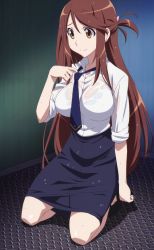 Rule 34 | 10s, 1girl, breasts, brown hair, highres, iida nana, kneeling, large breasts, long hair, necktie, rail wars!, screencap, see-through, solo, stitched, third-party edit, wet, wet clothes, yellow eyes