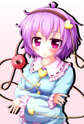 Rule 34 | 1girl, :&lt;, bad id, bad pixiv id, blouse, blush, breast rest, breasts, crossed arms, gradient background, headband, heart, komeiji satori, light purple hair, looking at viewer, pink background, red eyes, shadow, shirt, short hair, sills, simple background, solo, third eye, touhou