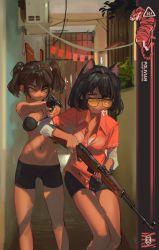 Rule 34 | 2girls, absurdres, aiming, aiming at viewer, animal ears, bare shoulders, bikini, black bikini, black hair, black shorts, breasts, brown hair, cat ears, cat girl, cigarette, cleavage, closed mouth, collarbone, collared shirt, commentary, english commentary, gun, hair ornament, handgun, highres, holding, holding gun, holding weapon, looking at viewer, medium hair, multiple girls, navel, original, polilla, red shirt, revolver, rifle, shirt, short shorts, shorts, sks, standing, stomach, sunglasses, swimsuit, twintails, weapon, weapon request, window, yellow eyes