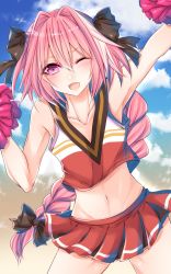 Rule 34 | 1boy, arm up, armpits, astolfo (fate), blush, braid, cheerleader, clothes writing, crop top, crop top overhang, fang, fate/apocrypha, fate (series), hair intakes, hair ribbon, highres, long hair, looking at viewer, male focus, midriff, navel, one eye closed, open mouth, pink hair, pom pom (cheerleading), purple eyes, ribbon, shisei (kyuushoku banchou), single braid, skirt, sleeveless, smile, solo, trap