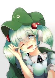 Rule 34 | 1girl, :d, backpack, bag, bespectacled, blue eyes, breasts, female focus, glasses, green hair, hair bobbles, hair ornament, hat, headset, highres, hiro thursday, kawashiro nitori, large breasts, one eye closed, open mouth, puffy short sleeves, puffy sleeves, short sleeves, simple background, smile, solo, touhou, two side up, upper body, white background