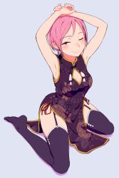 Rule 34 | 1girl, 3;, ;), armpits, arms up, black dress, black thighhighs, blue eyes, breasts, china dress, chinese clothes, cleavage, cleavage cutout, clothing cutout, dress, earrings, from above, full body, garter straps, hi iro, highres, jewelry, medium breasts, no shoes, one eye closed, original, parted bangs, pelvic curtain, pink hair, short hair, side slit, simple background, sitting, smile, solo, thighhighs, yokozuwari