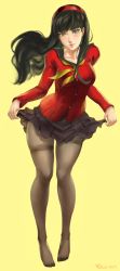 Rule 34 | 1girl, absurdres, amagi yukiko, artist name, black hair, black pantyhose, breasts, brown eyes, cardigan, clothes lift, full body, hairband, highres, lifting own clothes, long hair, looking at viewer, medium breasts, miniskirt, no shoes, pantyhose, persona, persona 4, pleated skirt, ragecndy, red cardigan, red sweater, ribbed cardigan, school uniform, serafuku, simple background, skirt, skirt lift, solo, standing, sweater, thighband pantyhose, yasogami school uniform, yellow background